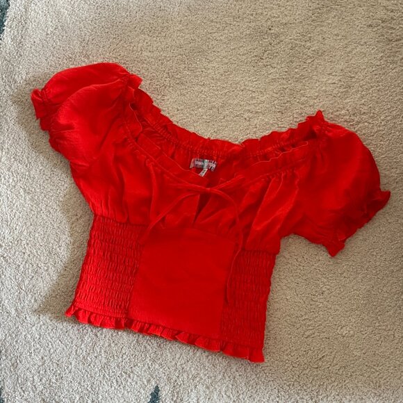 Urban Outfitters Red Hot Puff Sleeve Top - Off the Shoulder Shirred Blouse - Picture 7 of 9